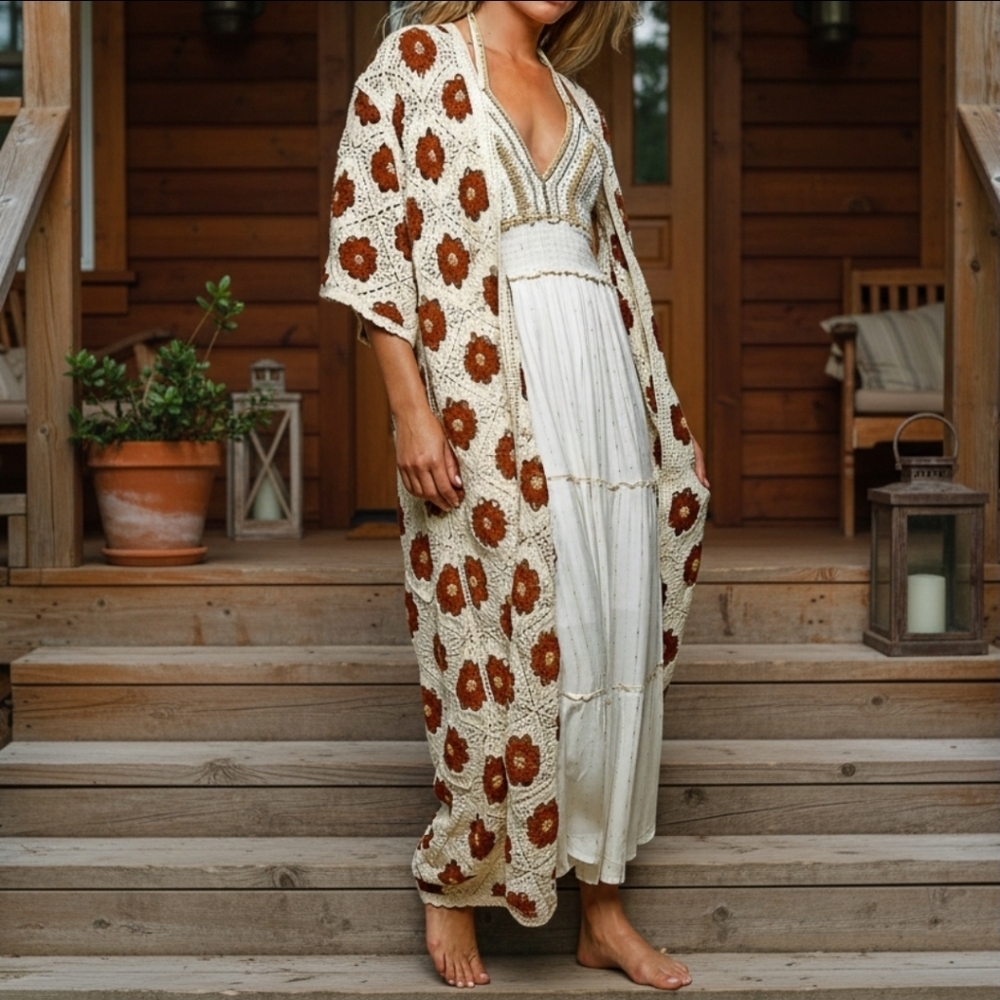 POL Patchwork Openwork Floral Crochet Longline Ca… - image 5